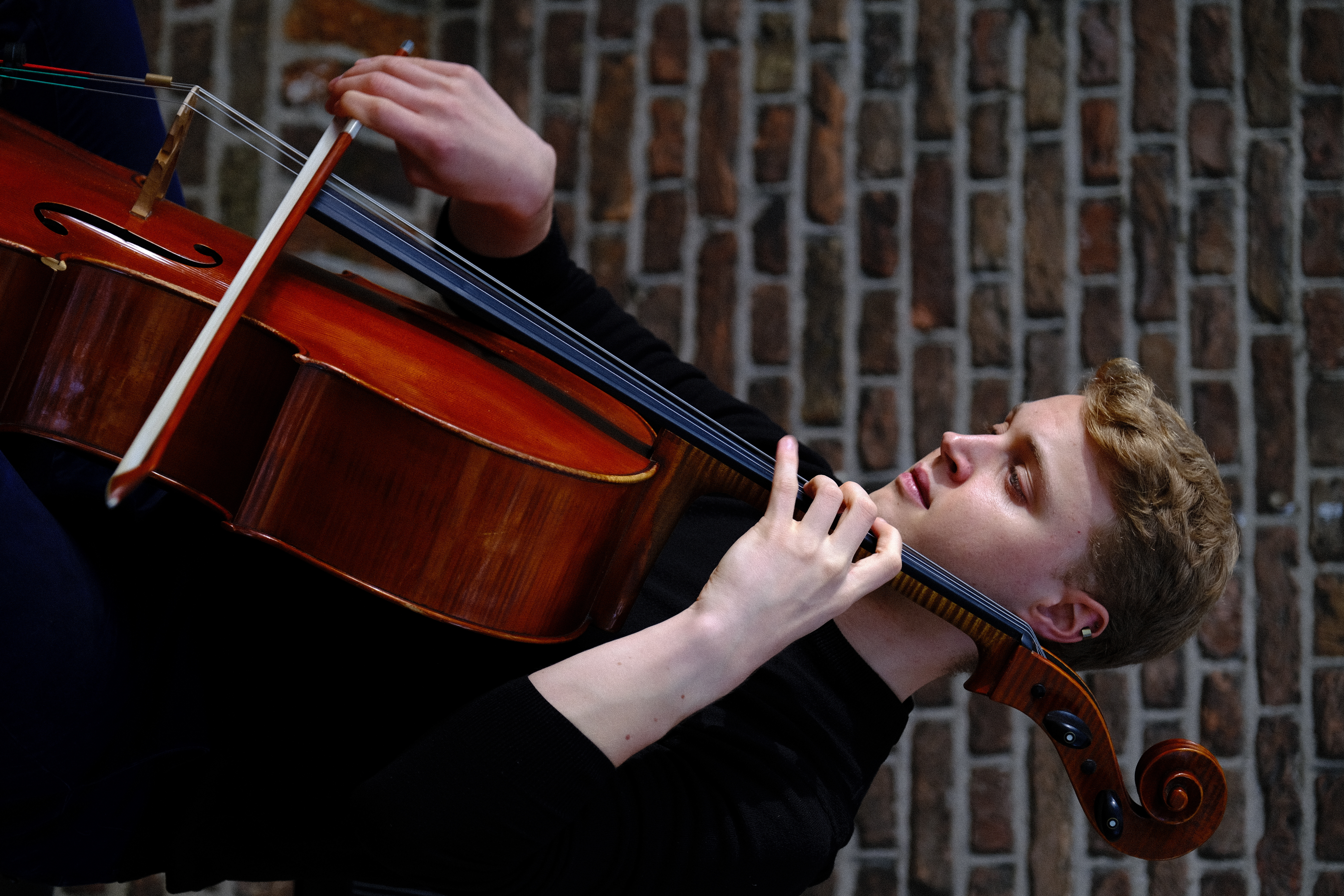 Close-up of Luka Stefanović – expressive gaze and polished cello wood, The Hague